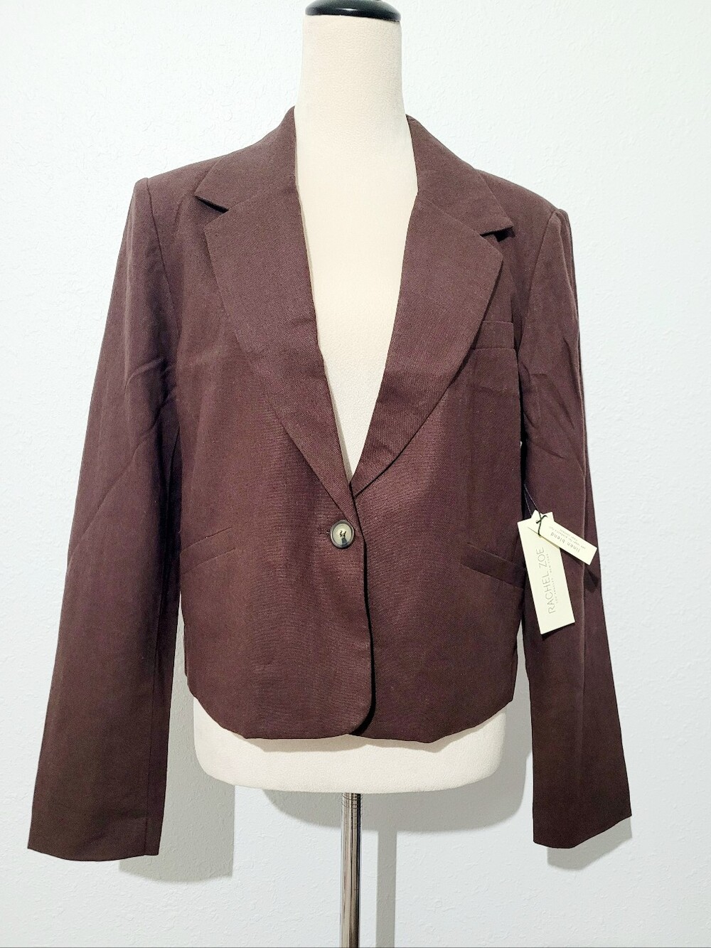 NEW Rachel Zoe Linen Blend Cropped Blazer Jacket Brown Women's Large Large NWT - Picture 2 of 12